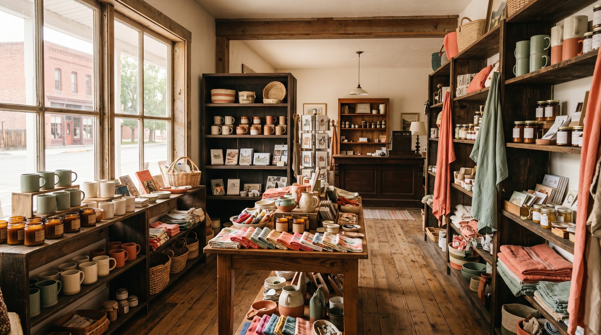 Warm, inviting interior of Good Things gift shop with shelves of candles, ceramics and local goods