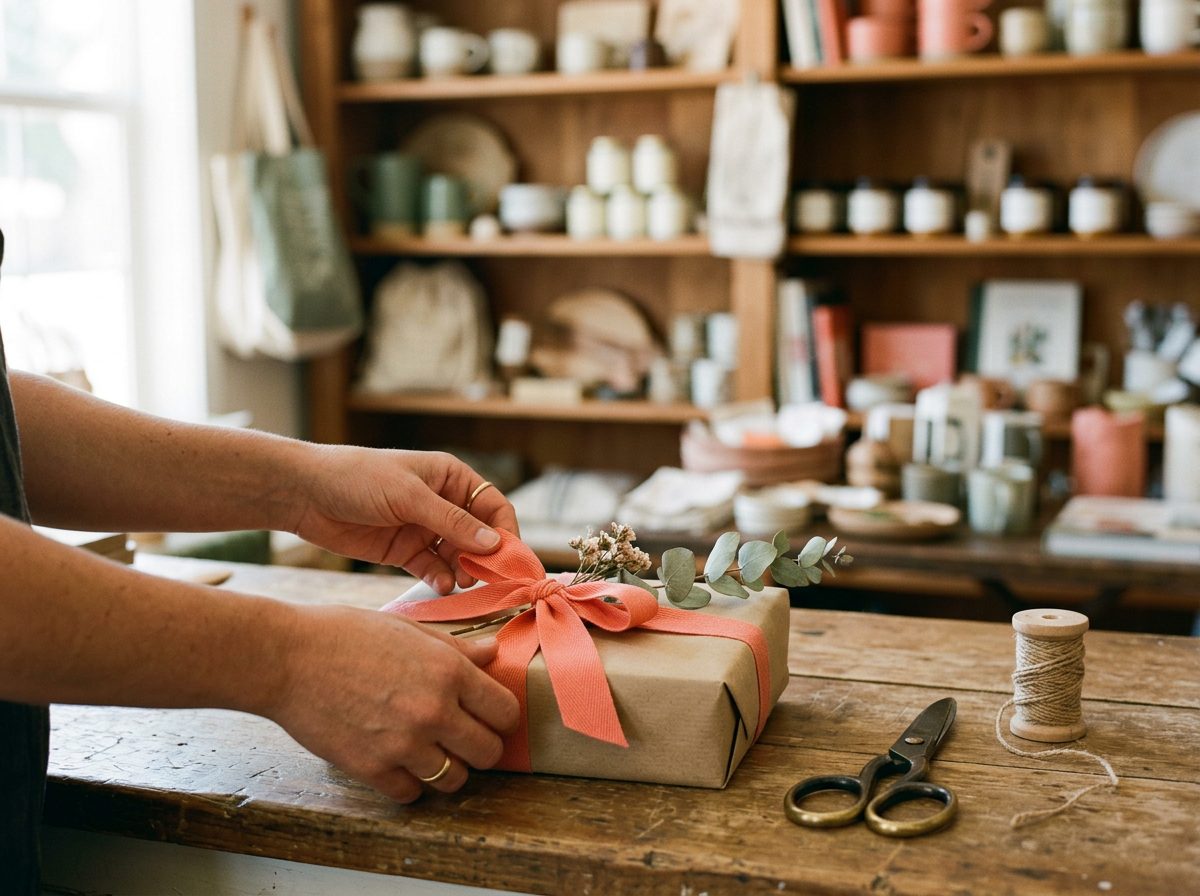 Gift wrapping in progress with kraft paper and coral ribbon at Good Things