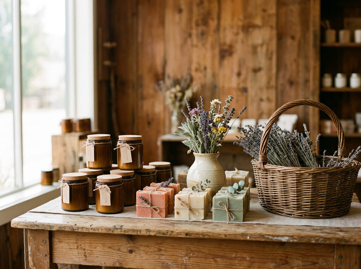 Display of handmade candles, soaps and local goods at Good Things
