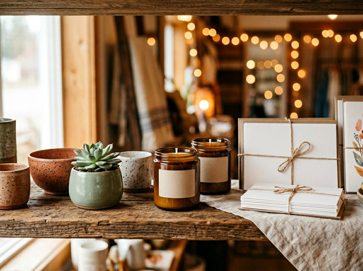 Shelf vignette of amber candles, ceramics and twine-tied cards