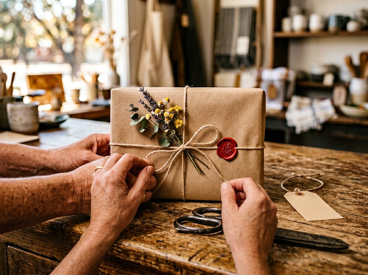 A gift wrapped in kraft paper with twine, dried wildflowers and a red wax seal